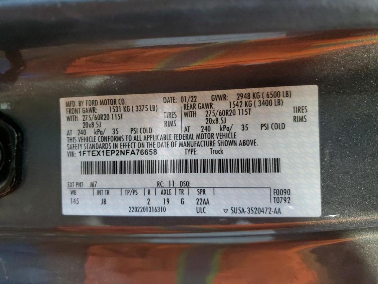 2022 FORD F150 SUPER CAB VIN:1FTEX1EP2NFA76658