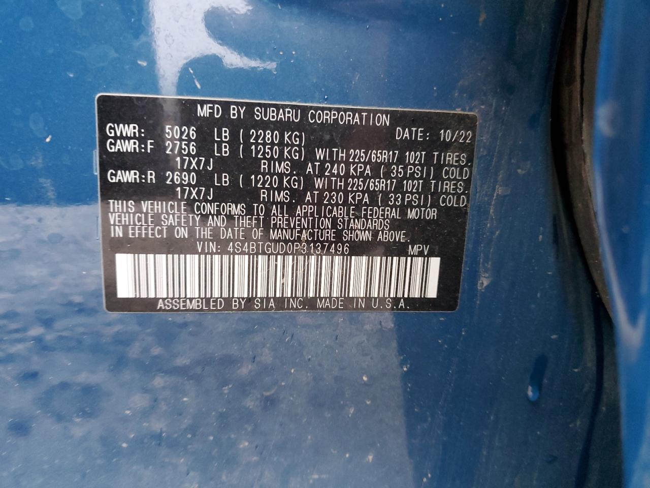 2023 SUBARU OUTBACK WILDERNESS VIN:4S4BTGUD0P3137496