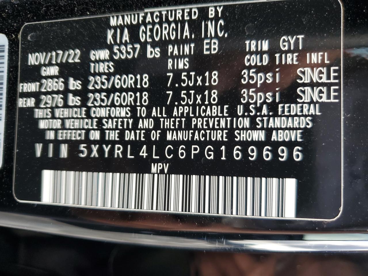 2023 KIA SORENTO S VIN:5XYRL4LC6PG169696