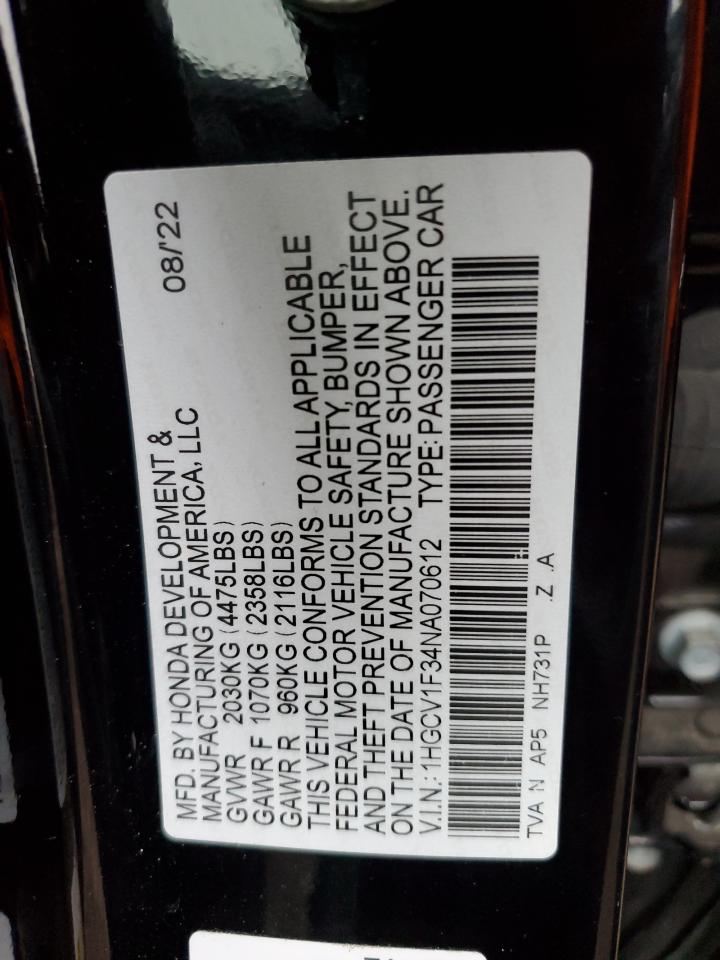 2022 HONDA ACCORD SPORT VIN:1HGCV1F34NA070612