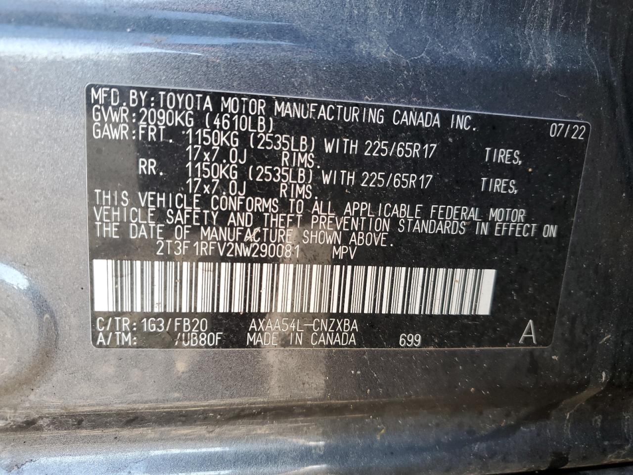 2022 TOYOTA RAV4 LE VIN:2T3F1RFV2NW290081