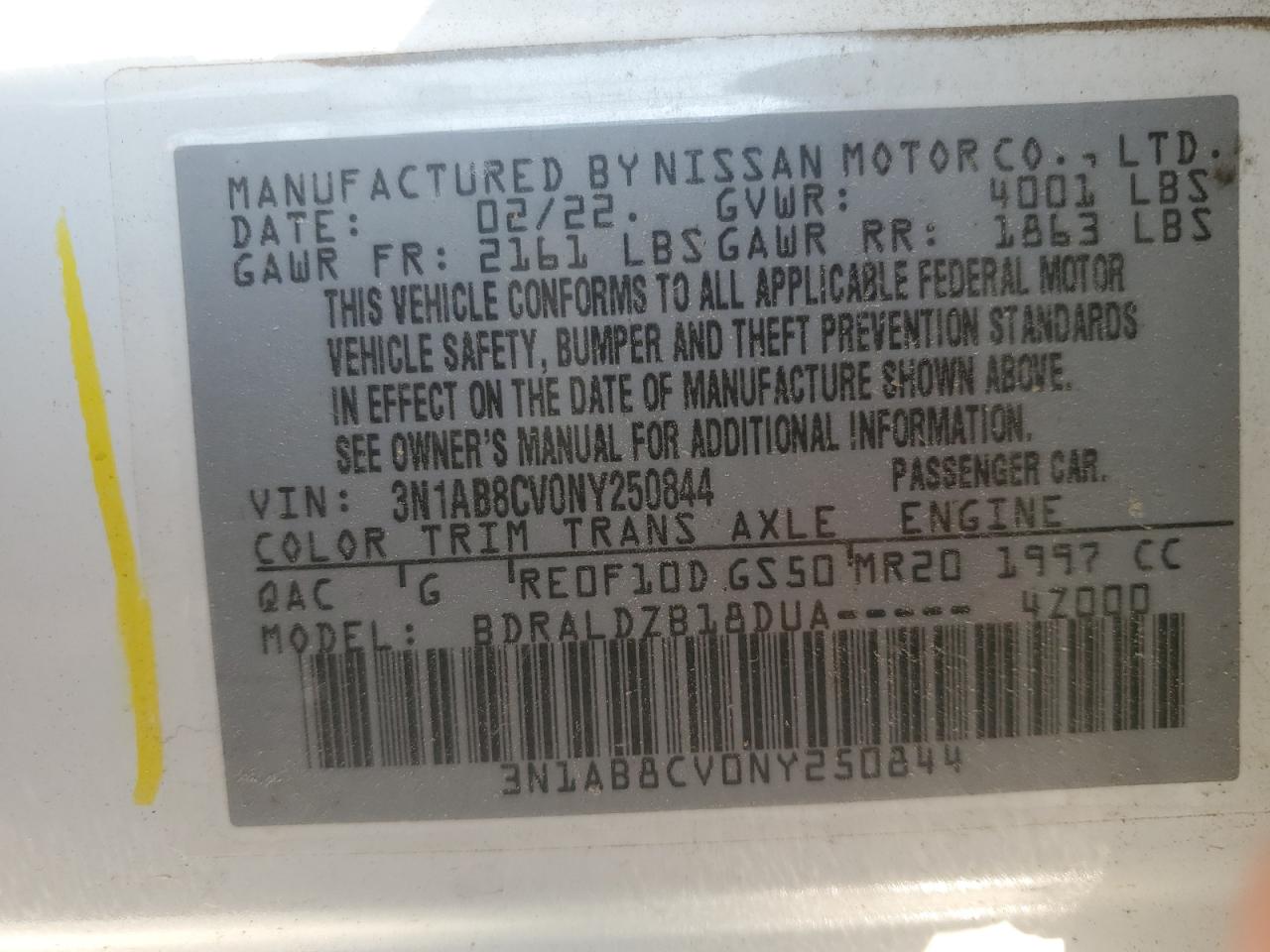 2022 NISSAN SENTRA SV VIN:3N1AB8CV0NY250844