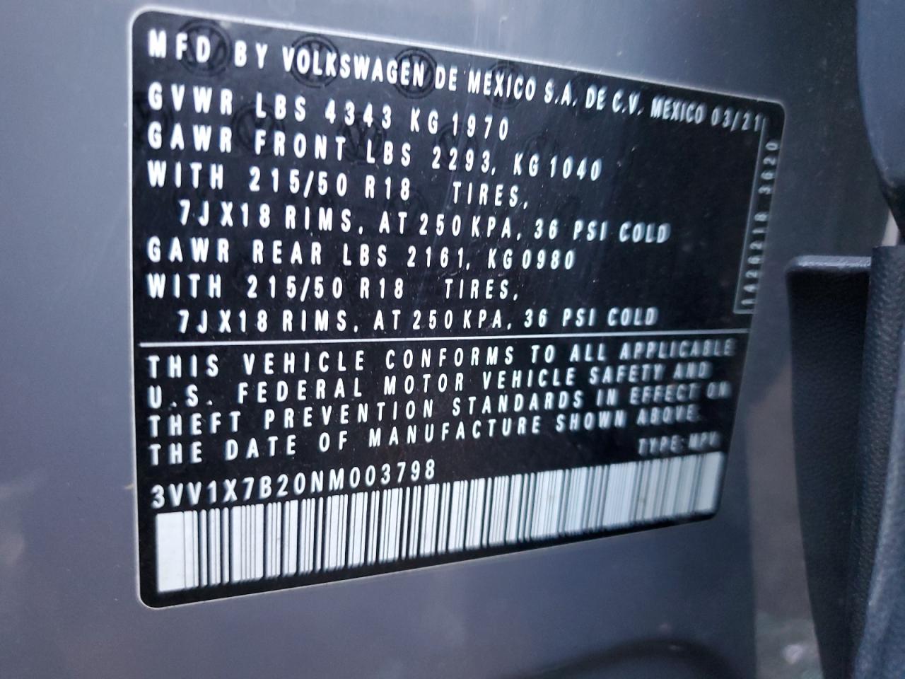 2022 VOLKSWAGEN TAOS SEL VIN:3VV1X7B20NM003798