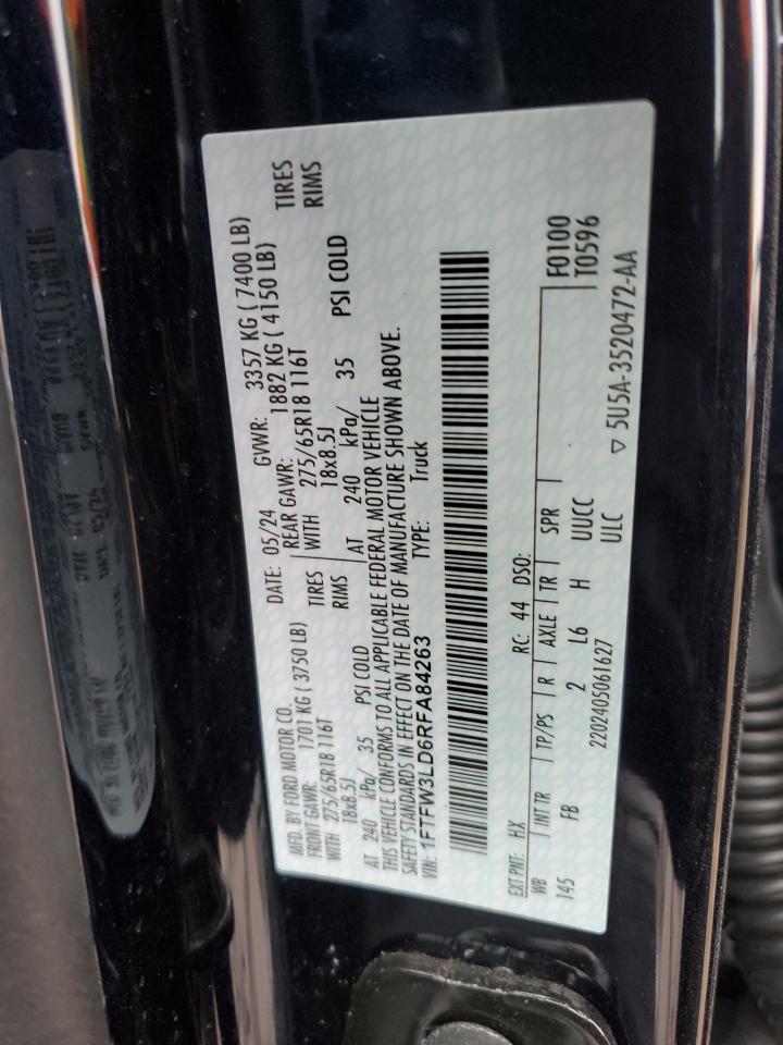 2024 FORD F150 XLT VIN:1FTFW3LD6RFA84263