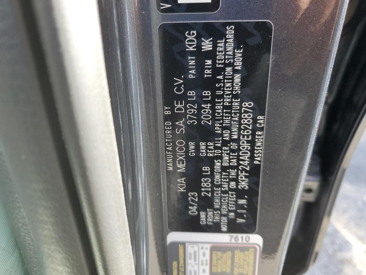 2023 KIA FORTE LX VIN:3KPF24AD9PE628878