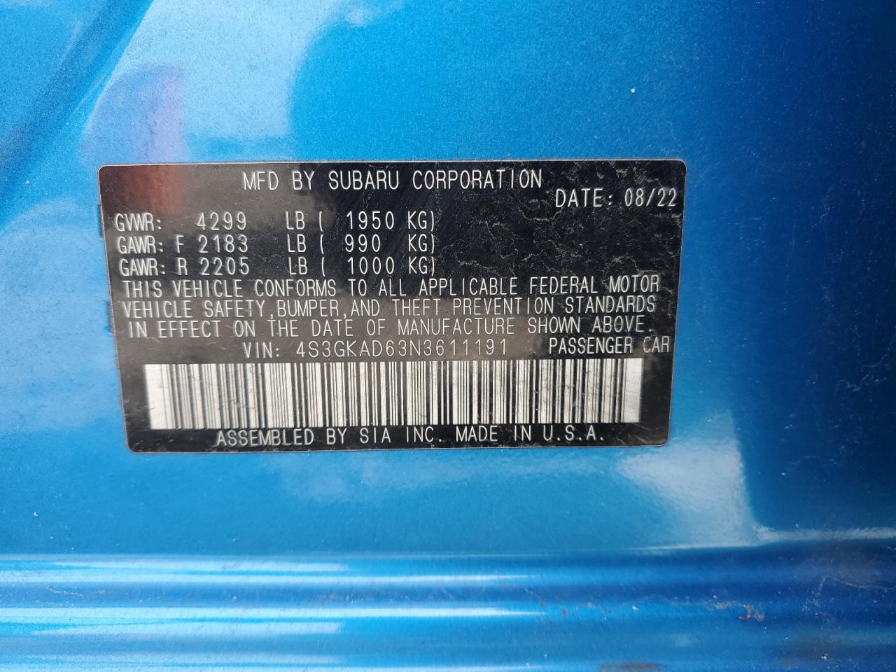 2022 SUBARU IMPREZA PREMIUM VIN:4S3GKAD63N3611191