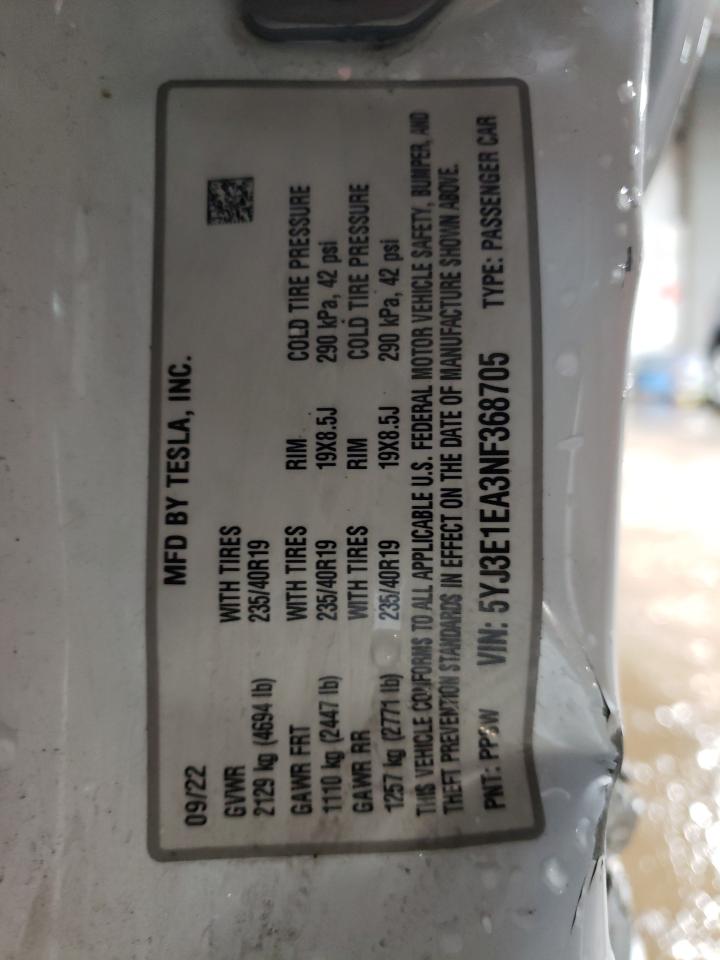 2022 TESLA MODEL 3  VIN:5YJ3E1EA3NF368705