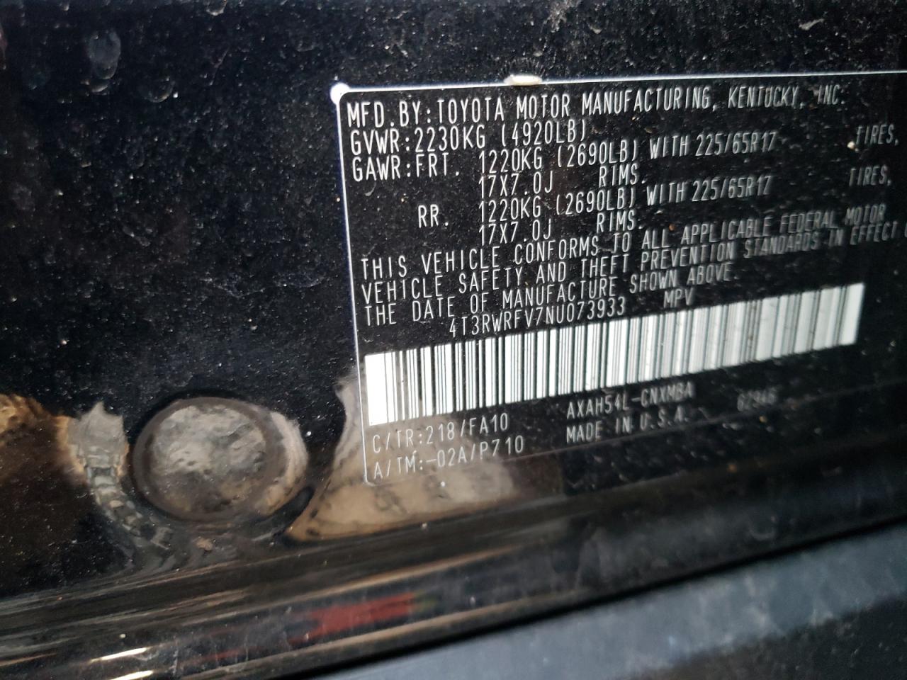 2022 TOYOTA RAV4 XLE VIN:4T3RWRFV7NU073933