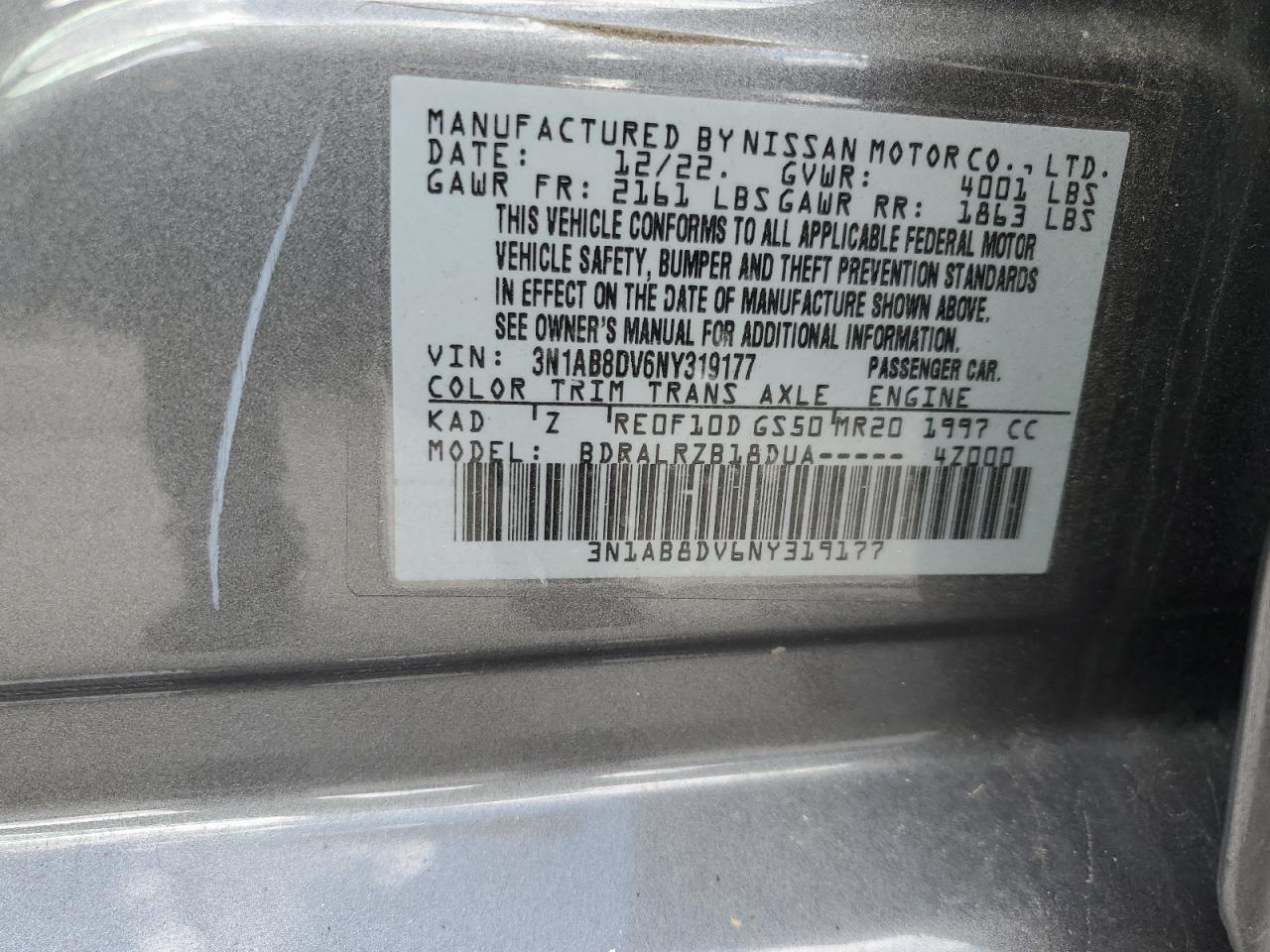 2022 NISSAN SENTRA SR VIN:3N1AB8DV6NY319177