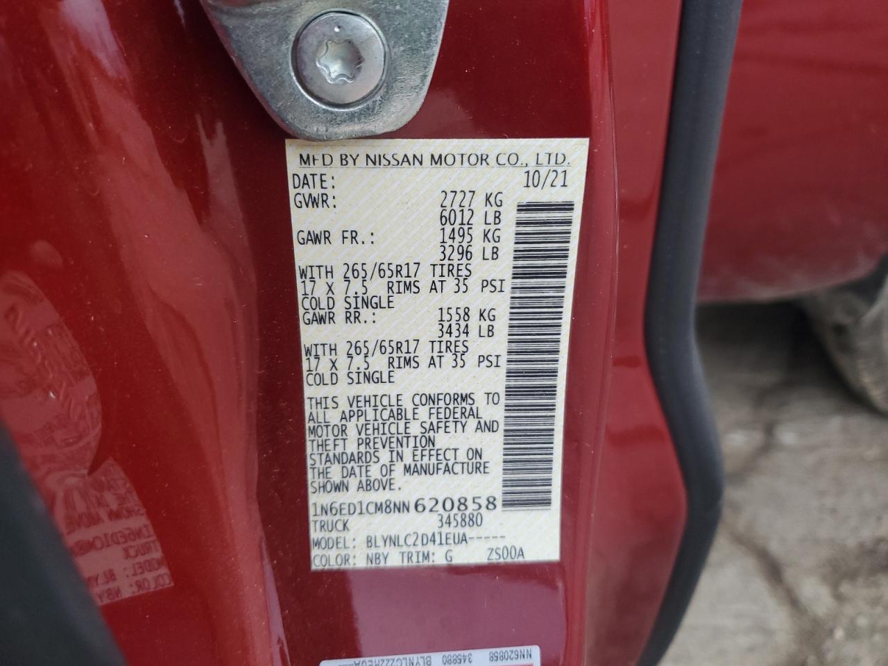 2022 NISSAN FRONTIER S VIN:1N6ED1CM8NN620858