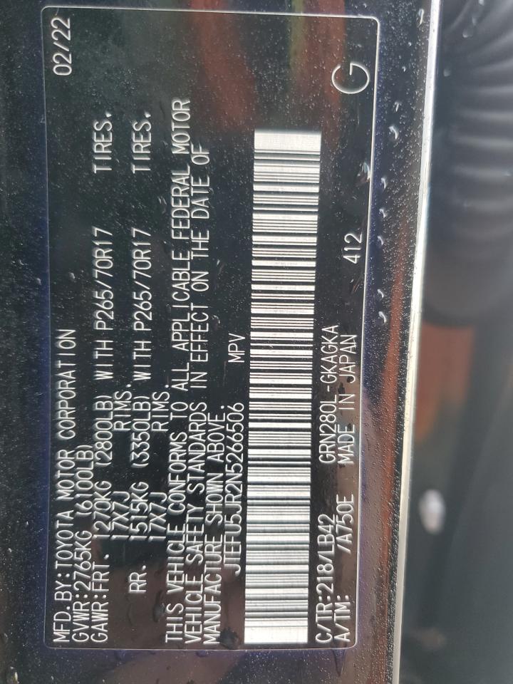 2022 TOYOTA 4RUNNER SR5 VIN:JTEFU5JR2N5266506