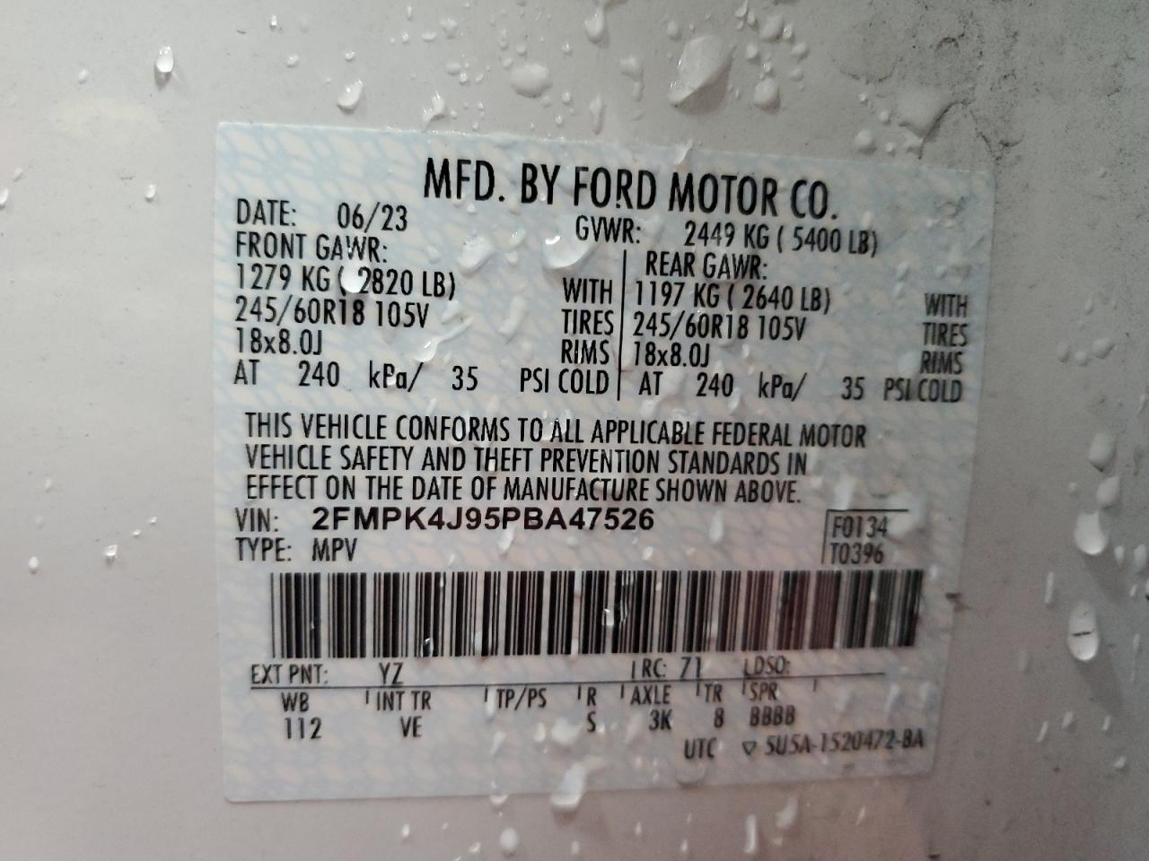 2023 FORD EDGE SEL VIN:2FMPK4J95PBA47526