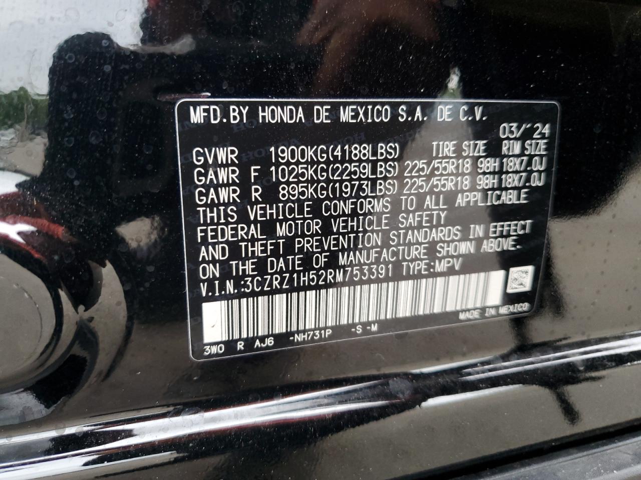 2024 HONDA HR-V SPORT VIN:3CZRZ1H52RM753391