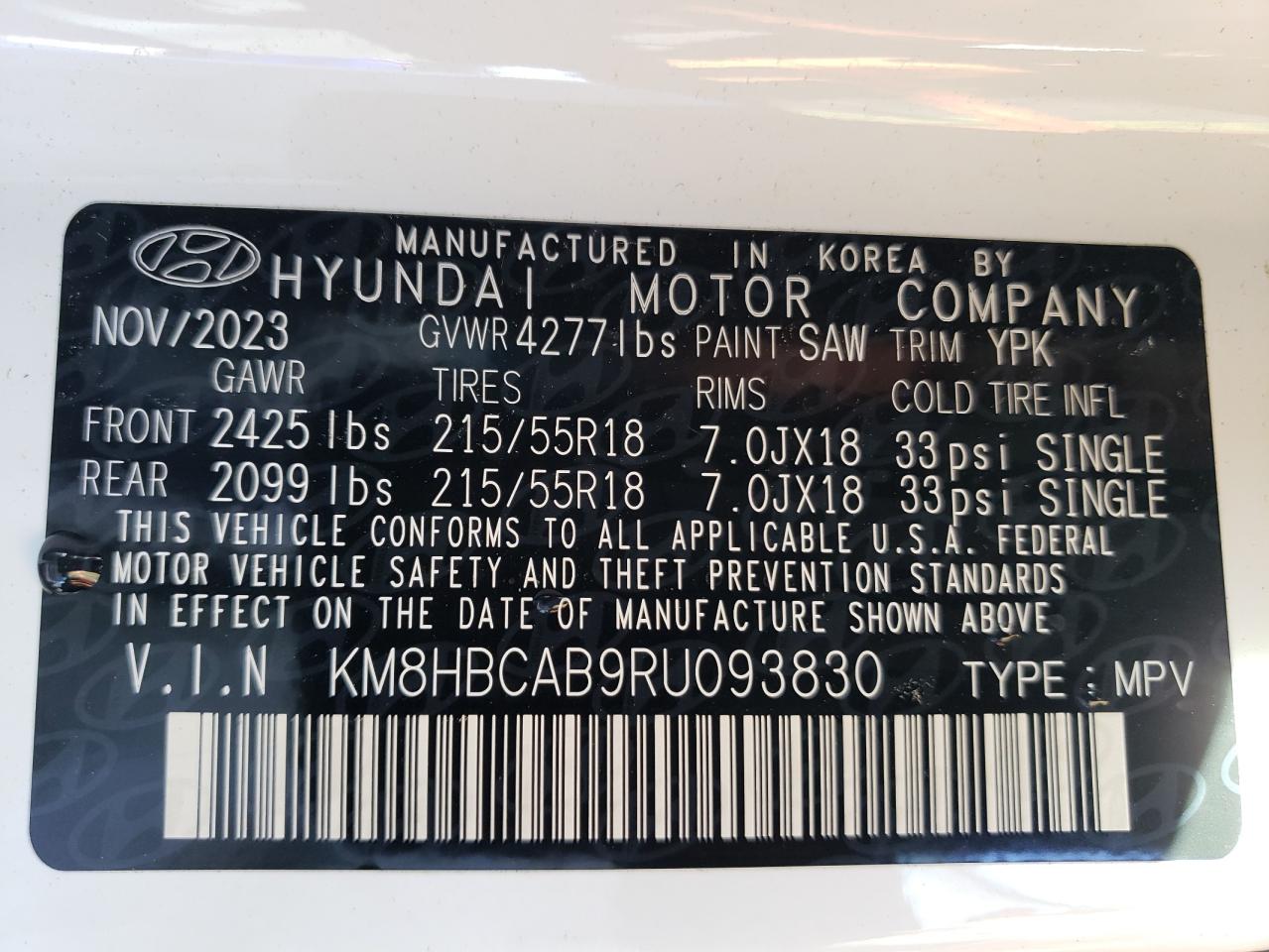 2024 HYUNDAI KONA SEL VIN:KM8HBCAB9RU093830