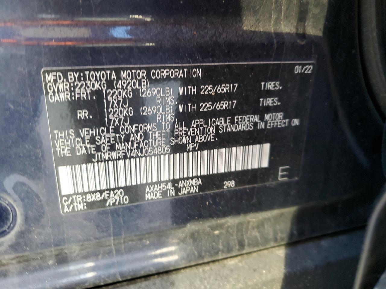 2022 TOYOTA RAV4 XLE VIN:JTMRWRFV4NJ054805