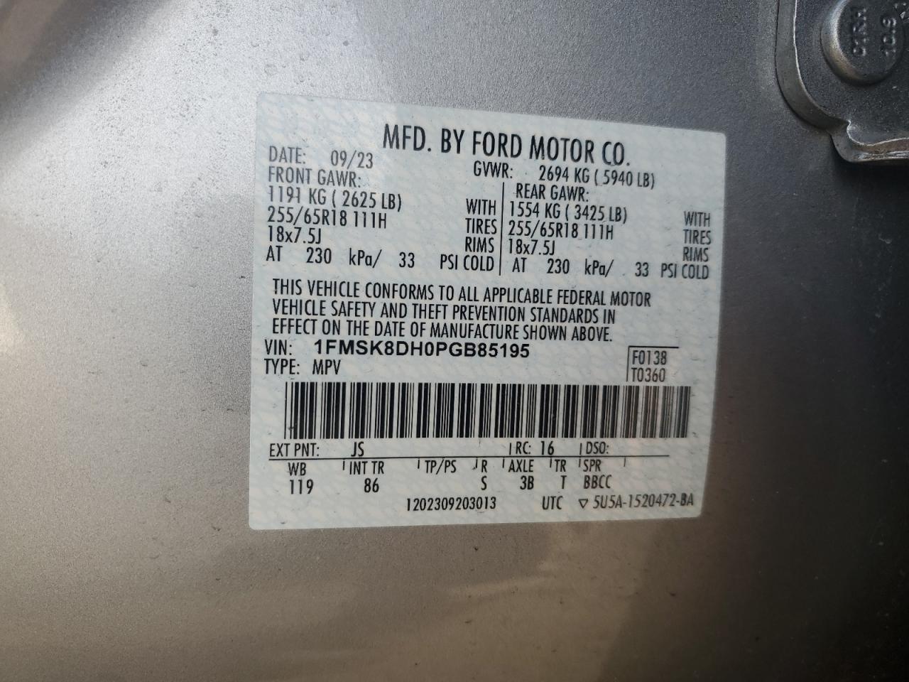 2023 FORD EXPLORER XLT VIN:1FMSK8DH0PGB85195