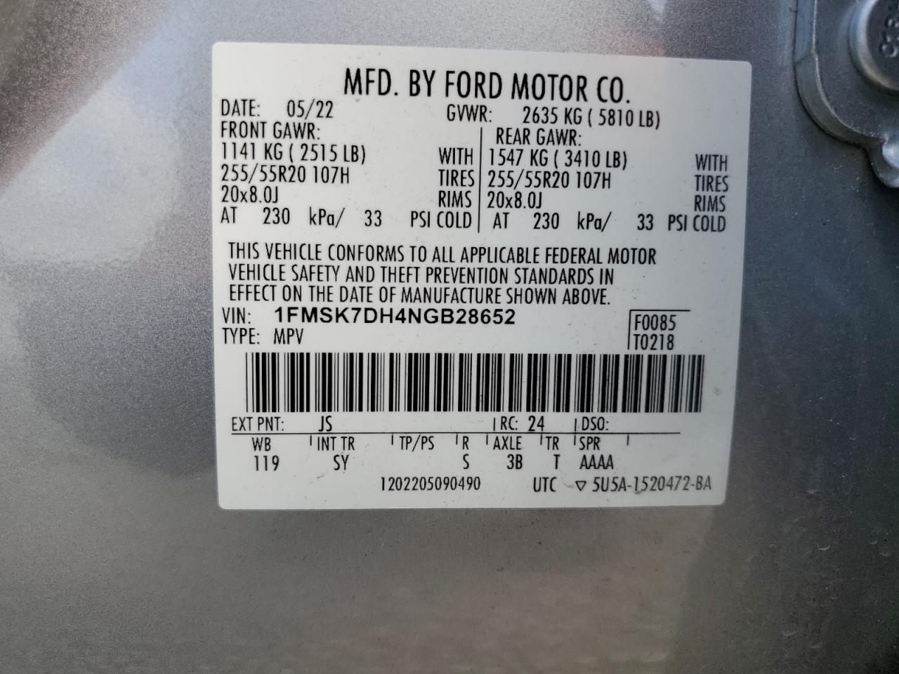 2022 FORD EXPLORER XLT VIN:1FMSK7DH4NGB28652