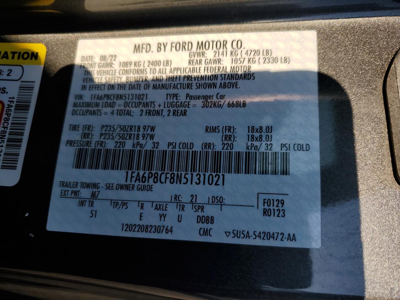 2022 FORD MUSTANG GT VIN:1FA6P8CF8N5131021