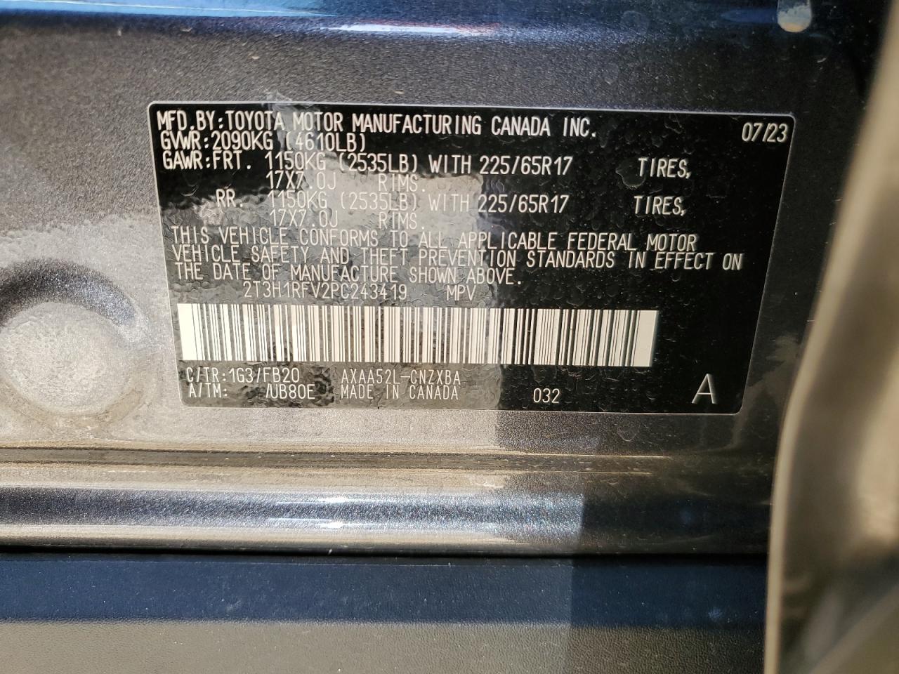 2023 TOYOTA RAV4 LE VIN:2T3H1RFV2PC243419