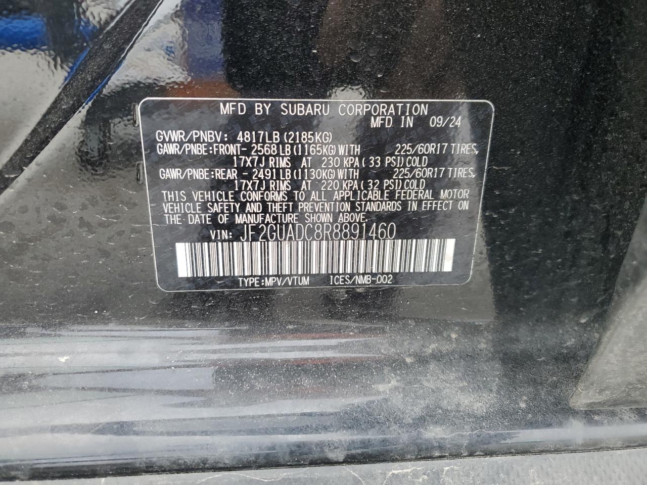 2024 SUBARU CROSSTREK PREMIUM VIN:JF2GUADC8R8891460