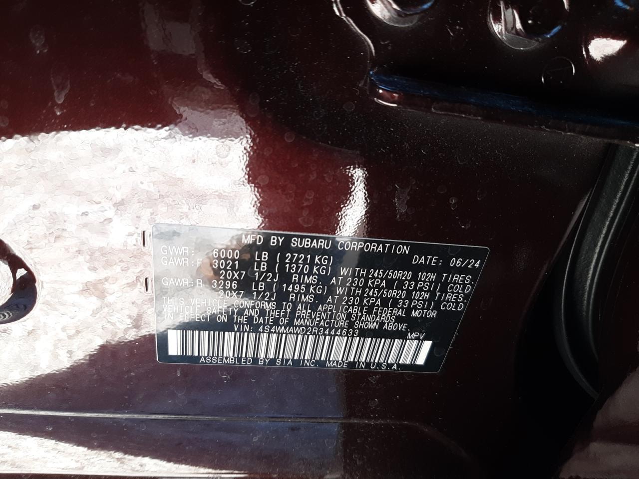 2024 SUBARU ASCENT TOURING VIN:4S4WMAWD2R3444633