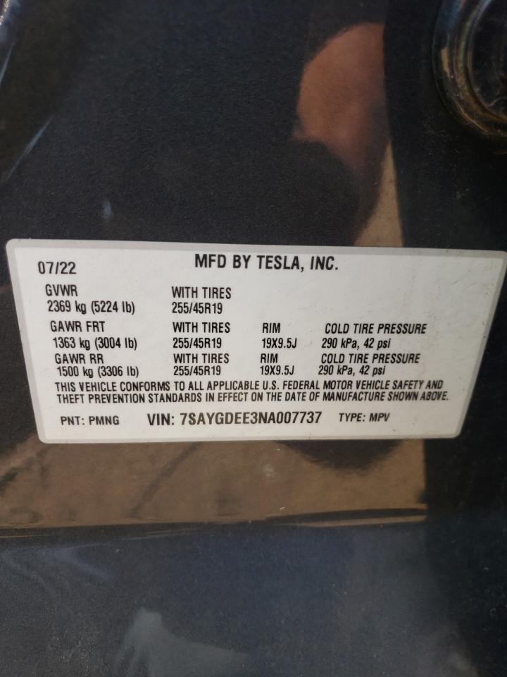 2022 TESLA MODEL Y  VIN:7SAYGDEE3NA007737