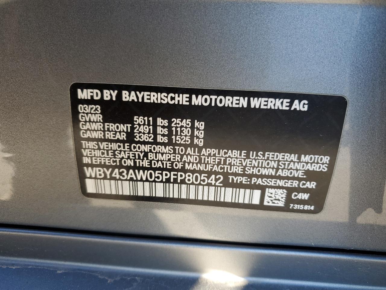 2023 BMW I4 EDRIVE 35 VIN:WBY43AW05PFP80542