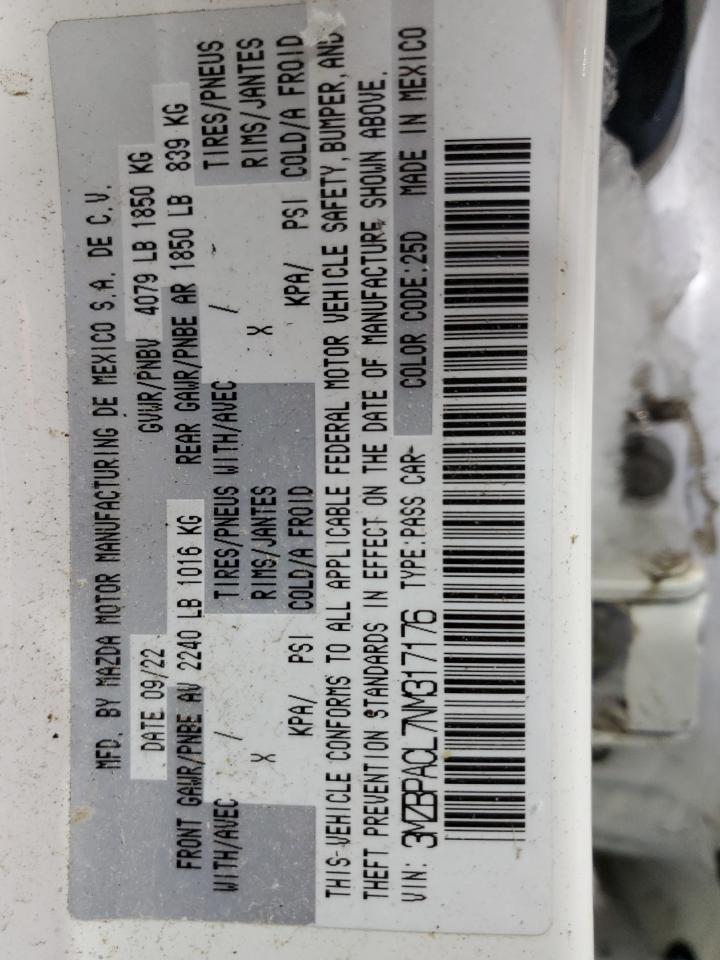 2022 MAZDA 3 PREFERRED VIN:3MZBPACL7NM317176