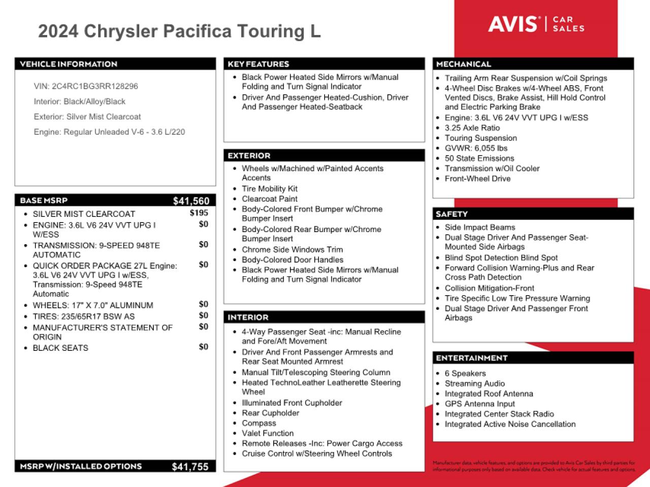 2024 CHRYSLER PACIFICA TOURING L VIN:2C4RC1BG3RR128296