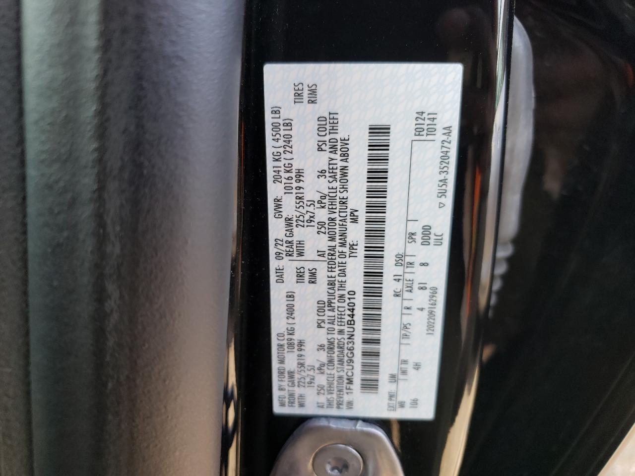 2022 FORD ESCAPE SE VIN:1FMCU9G63NUB44010