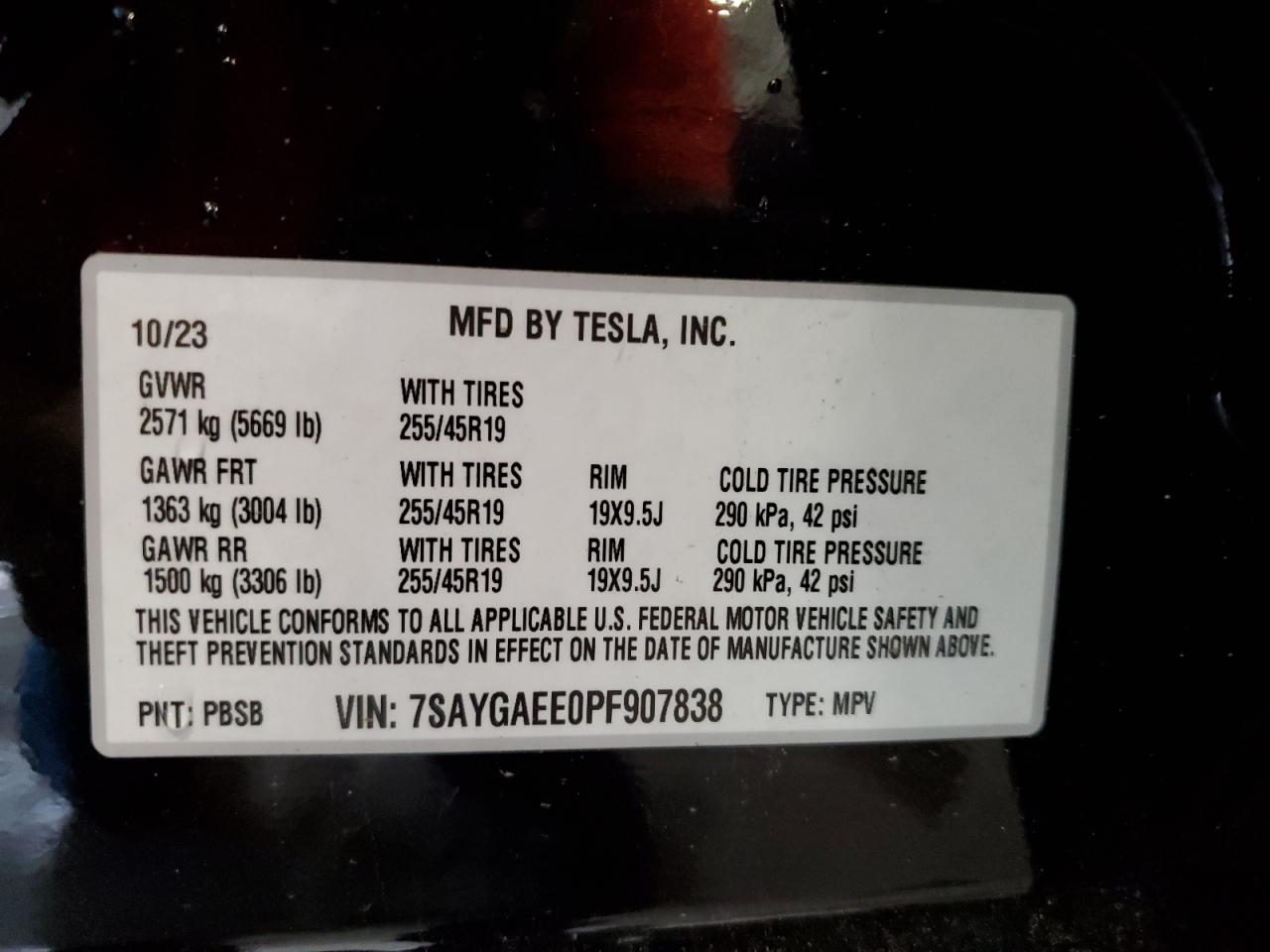 2023 TESLA MODEL Y  VIN:7SAYGAEE0PF907838