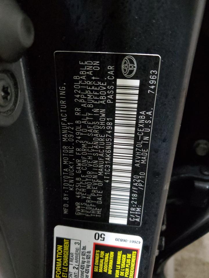 2022 TOYOTA CAMRY LE VIN:4T1C31AK6NU574981