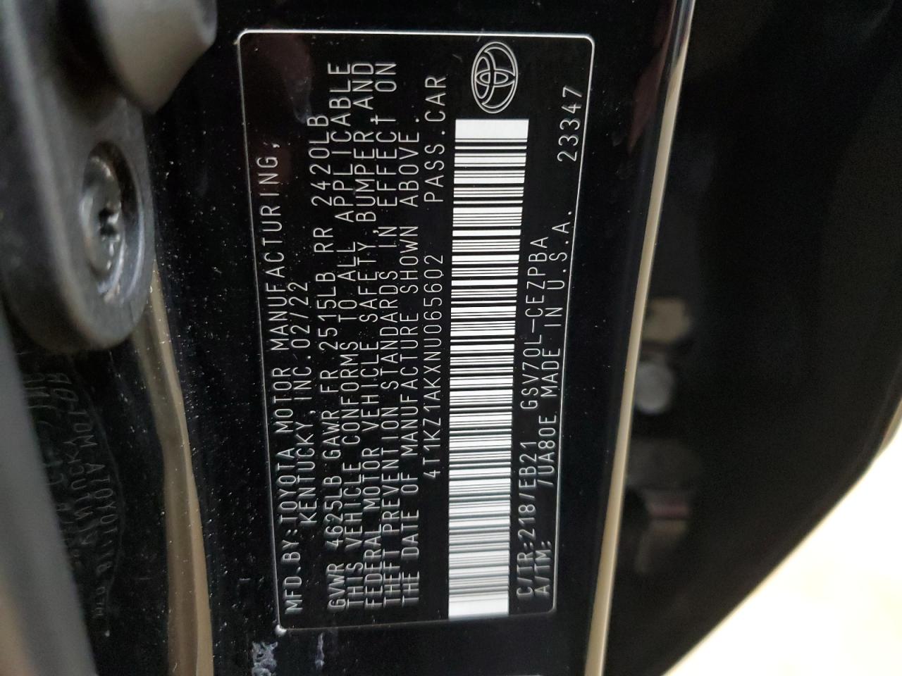 2022 TOYOTA CAMRY TRD VIN:4T1KZ1AKXNU065602