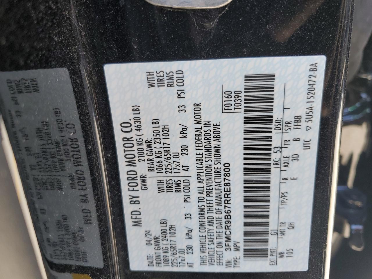 2024 FORD BRONCO SPORT BIG BEND VIN:3FMCR9B67RRE87800