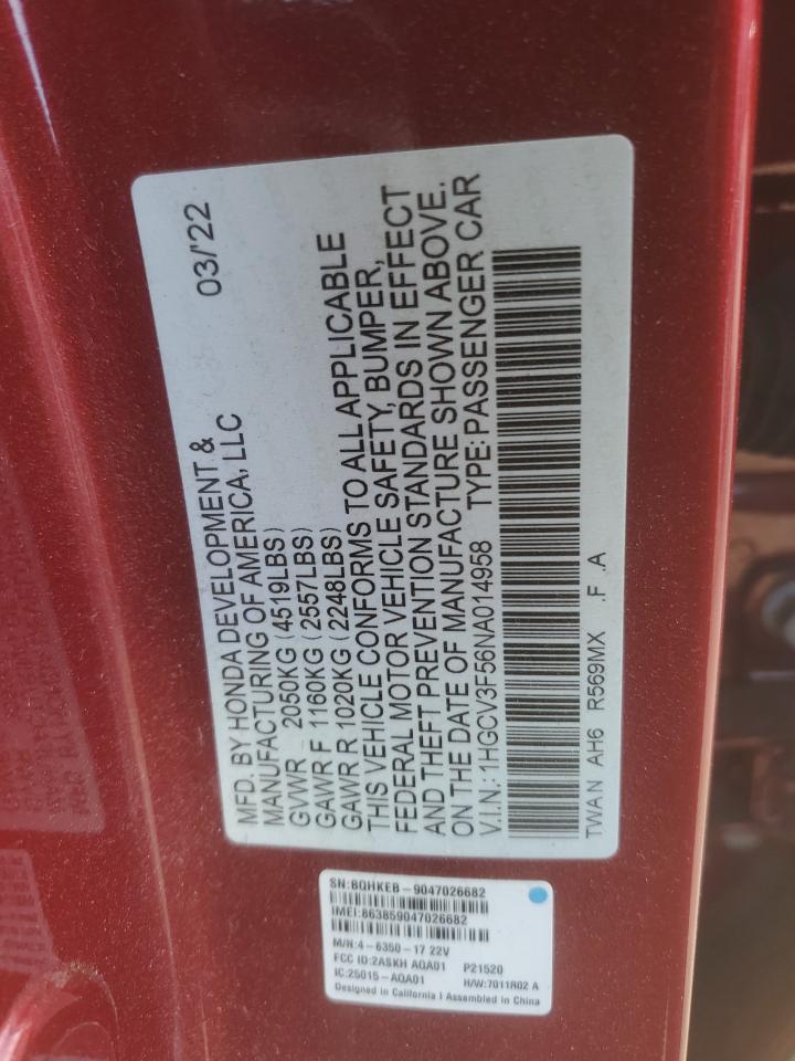 2022 HONDA ACCORD HYBRID EXL VIN:1HGCV3F56NA014958