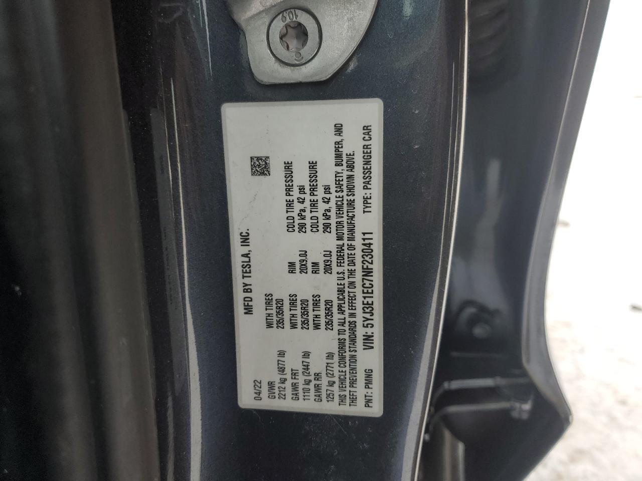 2022 TESLA MODEL 3  VIN:5YJ3E1EC7NF230411