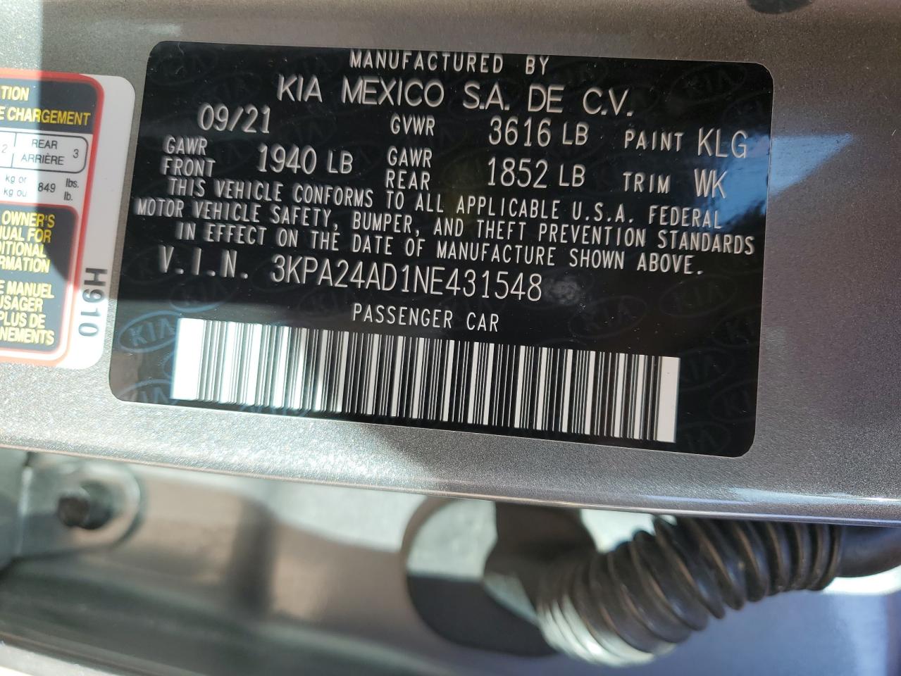 2022 KIA RIO LX VIN:3KPA24AD1NE431548