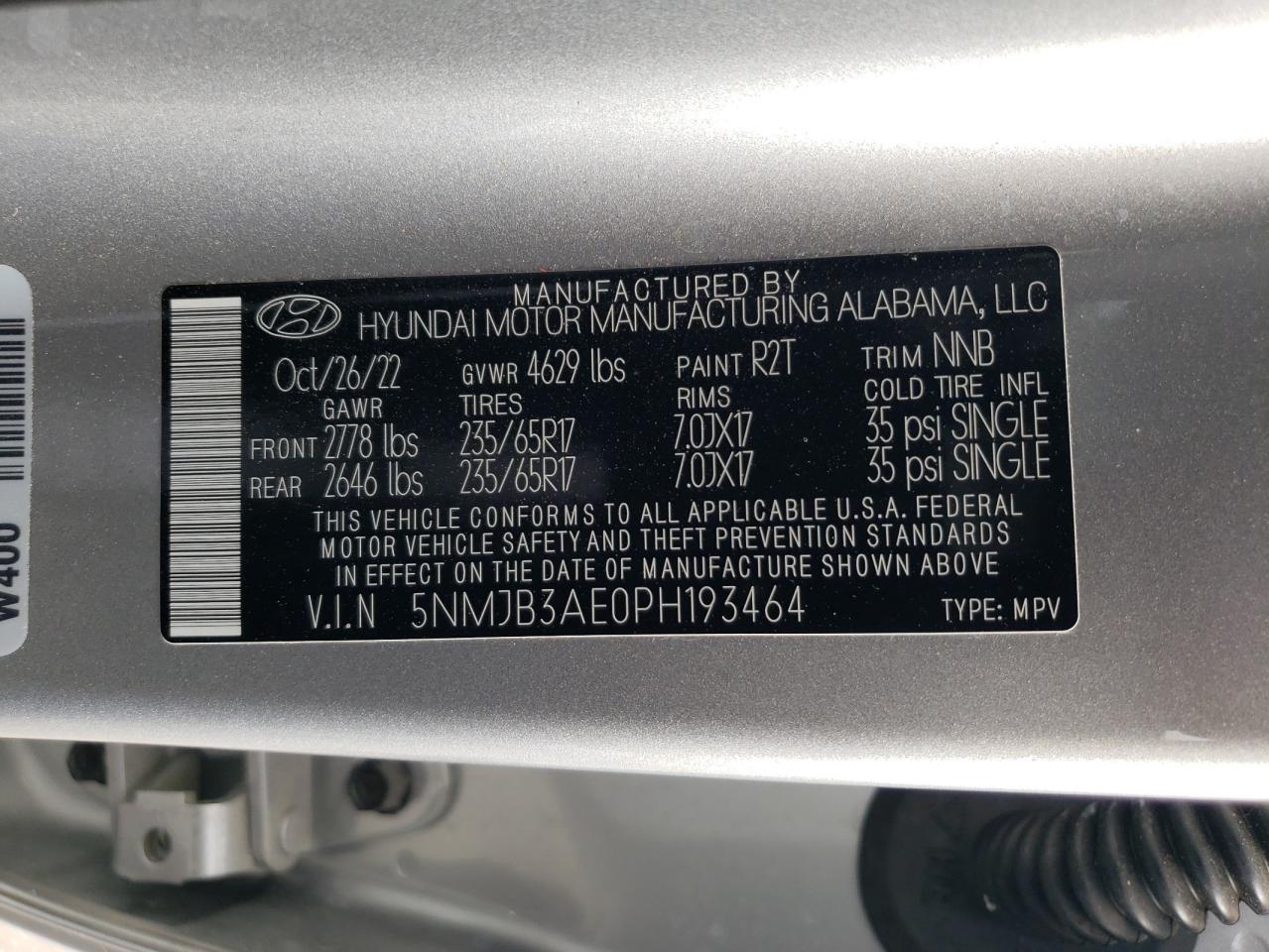 2023 HYUNDAI TUCSON SEL VIN:5NMJB3AE0PH193464