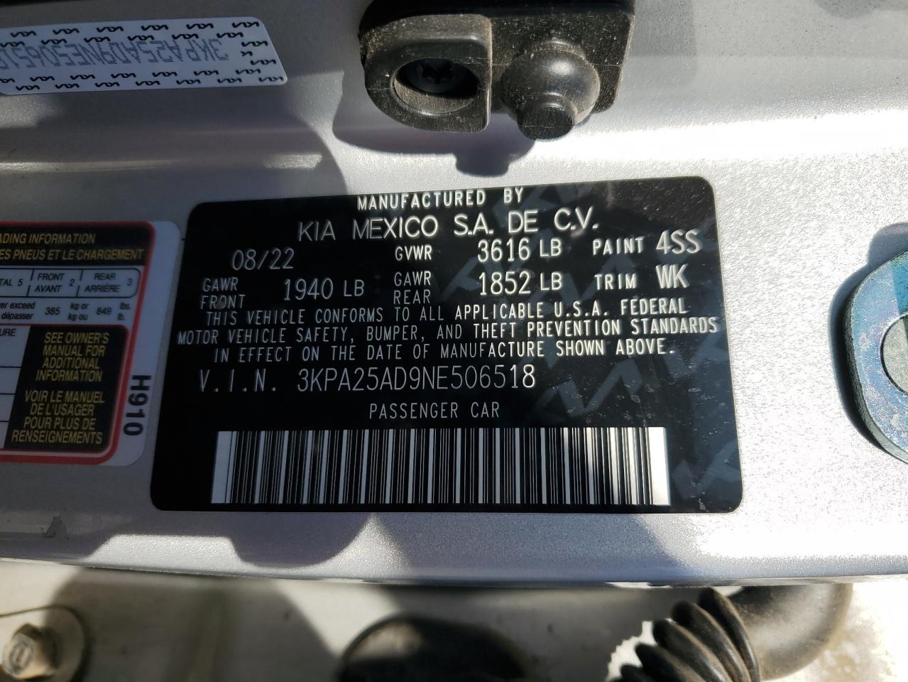 2022 KIA RIO S VIN:3KPA25AD9NE506518