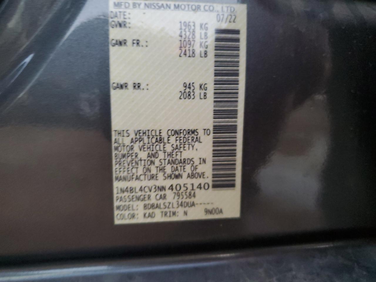 2022 NISSAN ALTIMA SR VIN:1N4BL4CV3NN405140