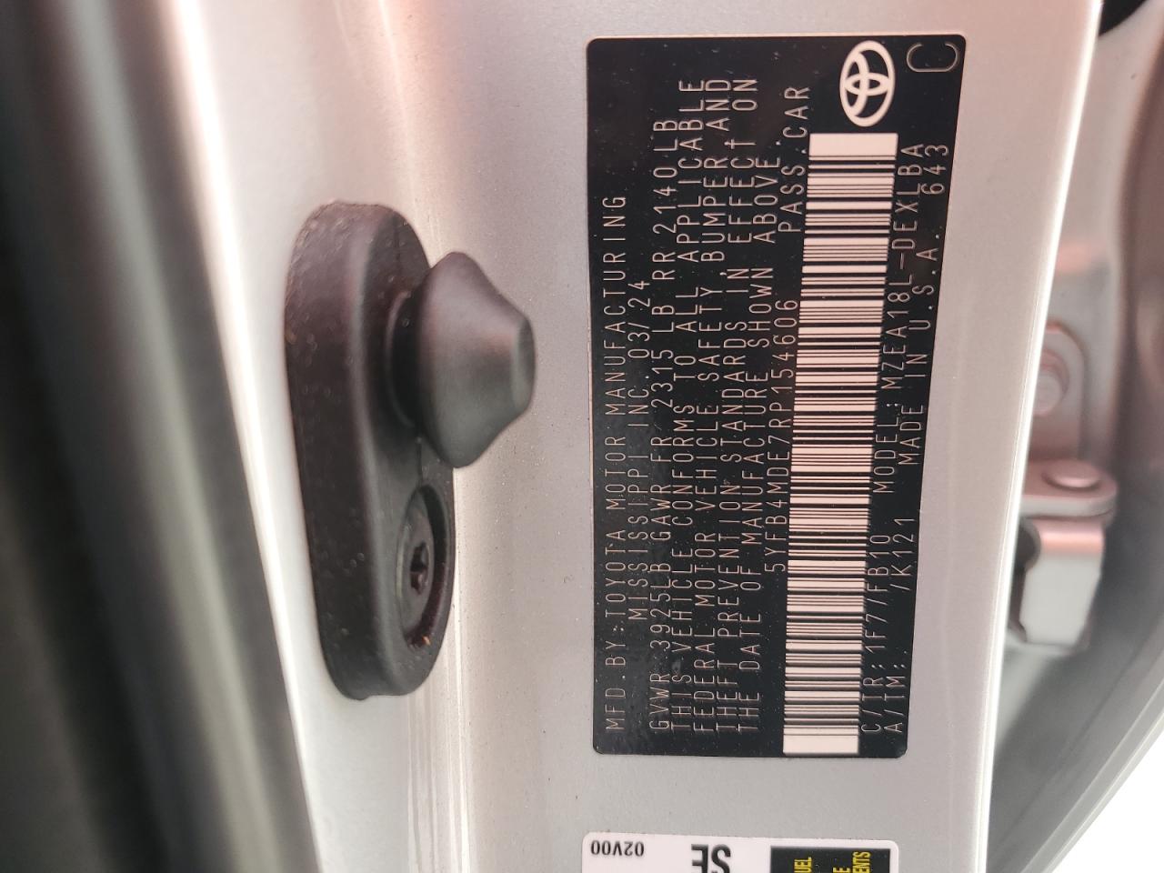 2024 TOYOTA COROLLA LE VIN:5YFB4MDE7RP154606