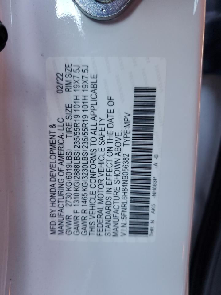 2022 HONDA ODYSSEY TOURING VIN:5FNRL6H84NB056382