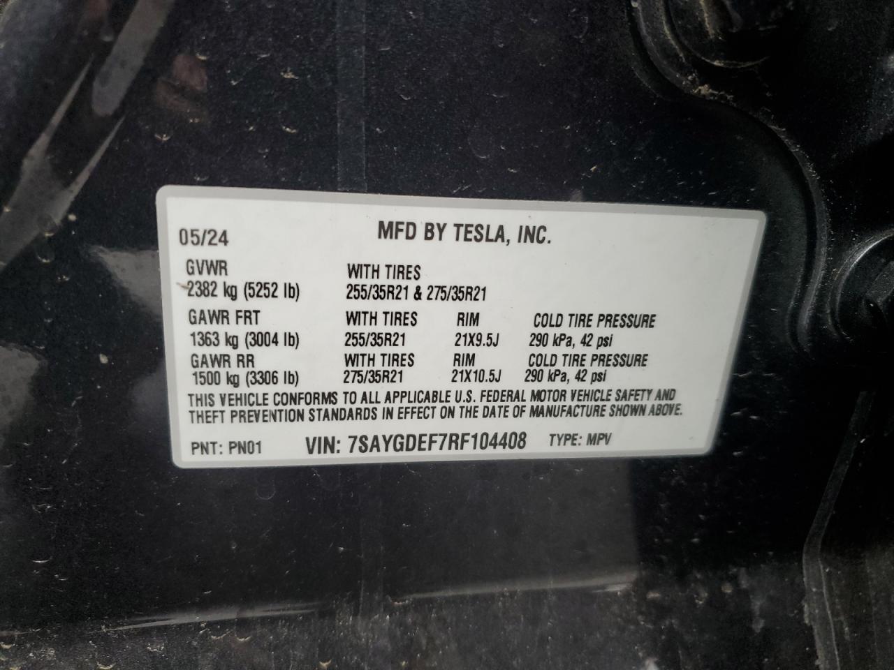2024 TESLA MODEL Y  VIN:7SAYGDEF7RF104408