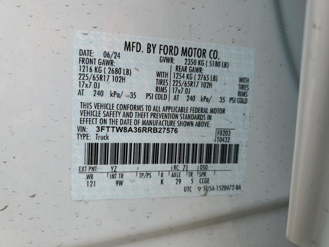 2024 FORD MAVERICK XL VIN:3FTTW8A36RRB27576