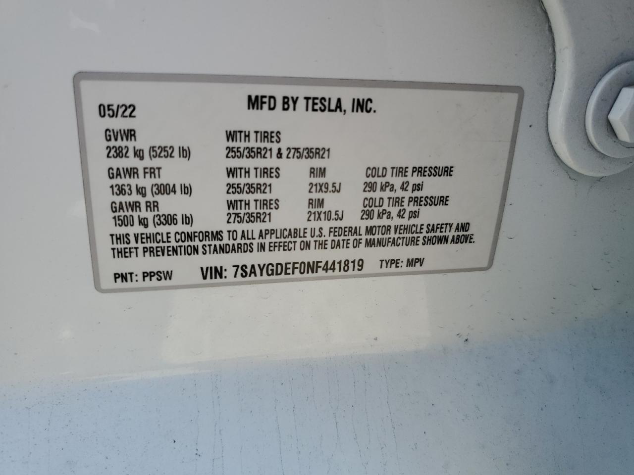 2022 TESLA MODEL Y  VIN:7SAYGDEF0NF441819