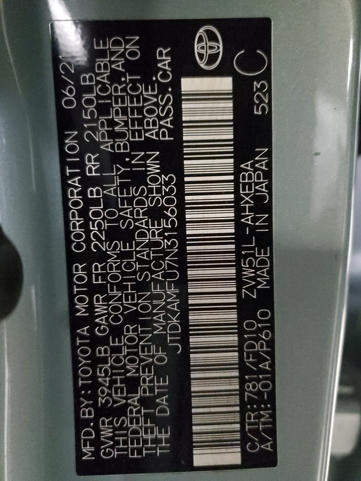 2022 TOYOTA PRIUS NIGHT SHADE VIN:JTDKAMFU7N3156033
