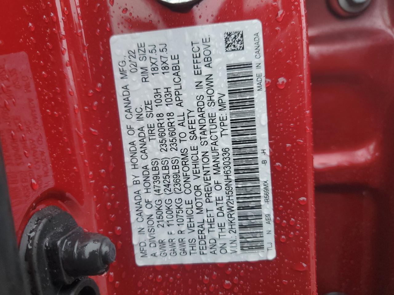 2022 HONDA CR-V EX VIN:2HKRW2H59NH630336