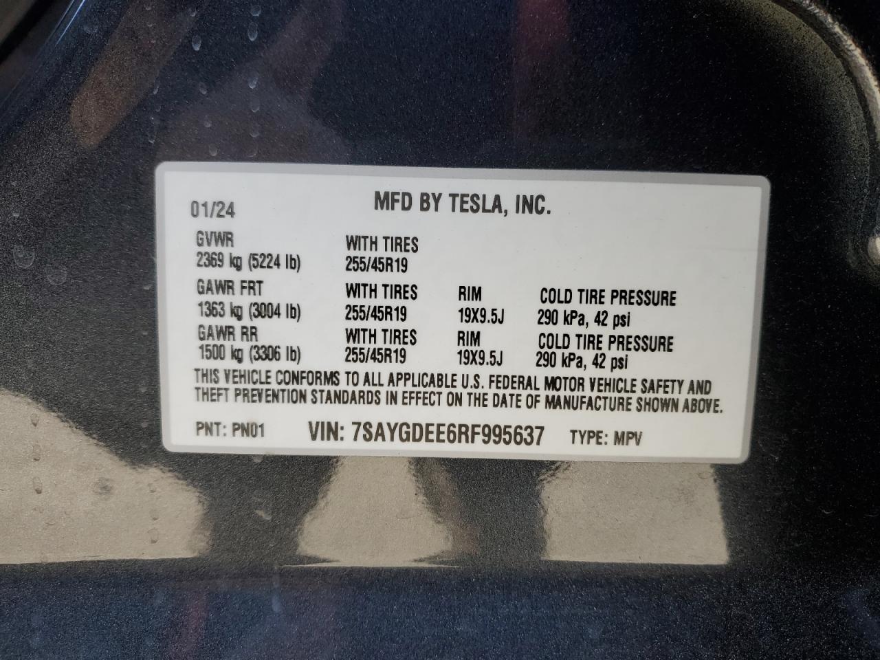 2024 TESLA MODEL Y  VIN:7SAYGDEE6RF995637