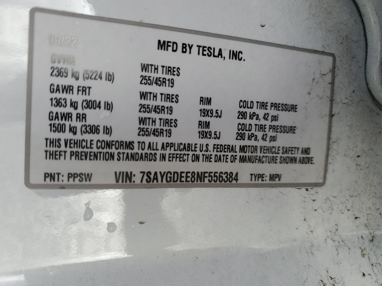 2022 TESLA MODEL Y  VIN:7SAYGDEE8NF556384