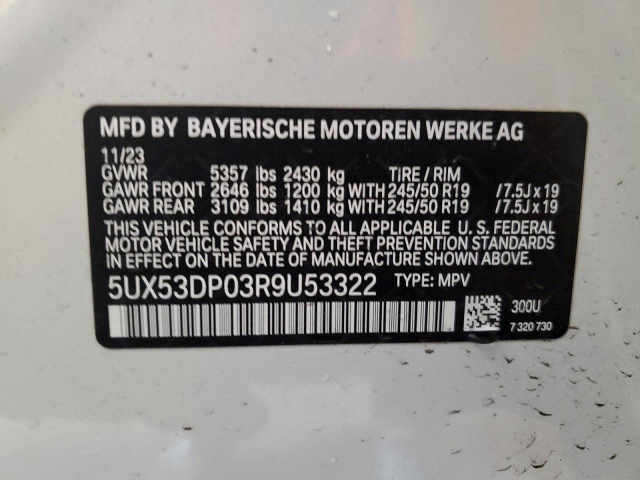 2024 BMW X3 XDRIVE30I VIN:5UX53DP03R9U53322